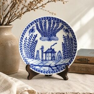 Vintage OMMA PEM Japan Blue White Porcelain Bread Plate Decor Cottage Birds 5"